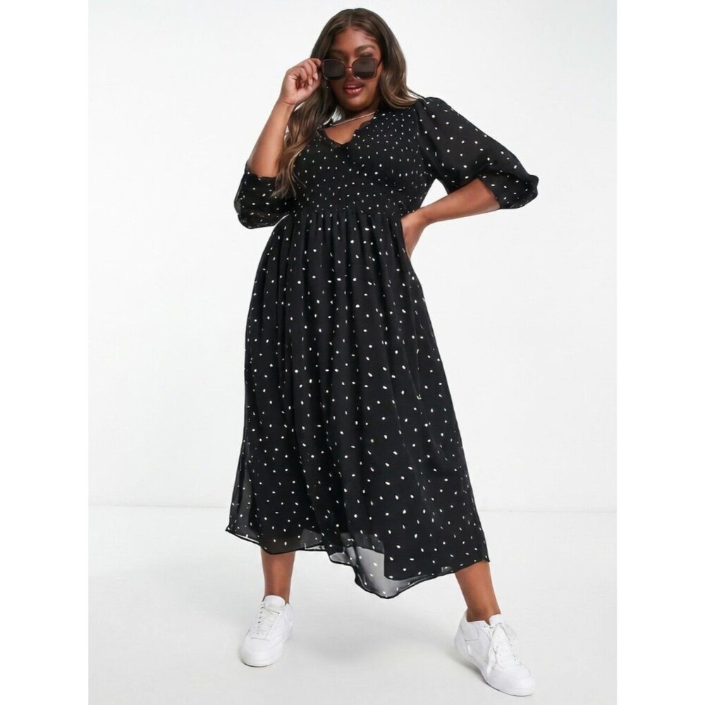 ASOS Curve Polka Dot Chiffon Midi Dress Women Black White Ruffle Size 18